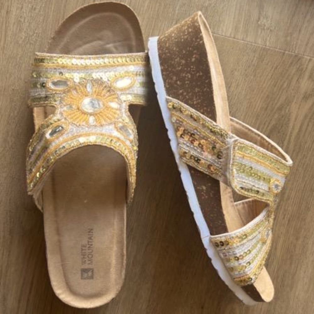 White Mountain Women's Gold,Silver Bling Wedge Sandals